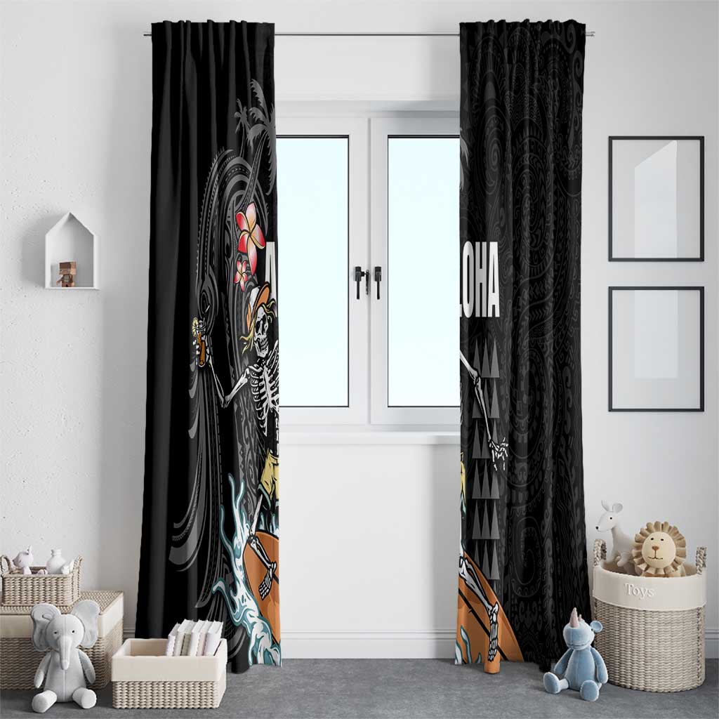 Hawaiian Halloween Skeleton Surfing Window Curtain Polynesian Tribal Tattoo and Hawaiian Pattern