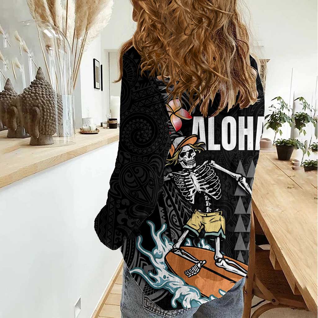 Hawaiian Halloween Skeleton Surfing Women Casual Shirt Polynesian Tribal Tattoo and Hawaiian Pattern