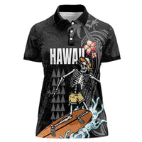 Hawaiian Halloween Skeleton Surfing Women Polo Shirt Polynesian Tribal Tattoo and Hawaiian Pattern