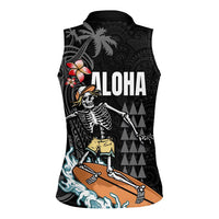 Hawaiian Halloween Skeleton Surfing Women Sleeveless Polo Shirt Polynesian Tribal Tattoo and Hawaiian Pattern