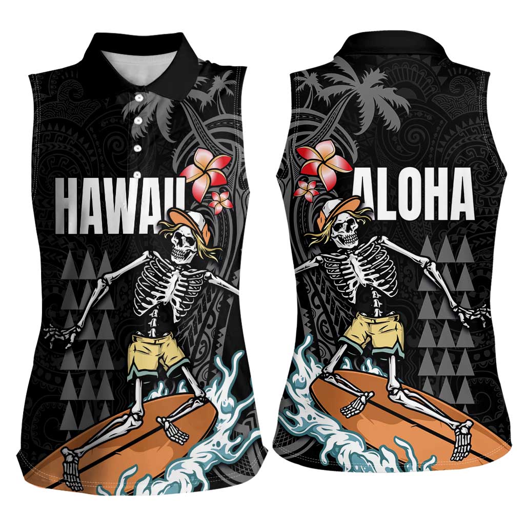 Hawaiian Halloween Skeleton Surfing Women Sleeveless Polo Shirt Polynesian Tribal Tattoo and Hawaiian Pattern