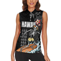 Hawaiian Halloween Skeleton Surfing Women Sleeveless Polo Shirt Polynesian Tribal Tattoo and Hawaiian Pattern