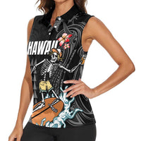 Hawaiian Halloween Skeleton Surfing Women Sleeveless Polo Shirt Polynesian Tribal Tattoo and Hawaiian Pattern