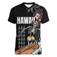 Hawaiian Halloween Skeleton Surfing Women V-Neck T-Shirt Polynesian Tribal Tattoo and Hawaiian Pattern