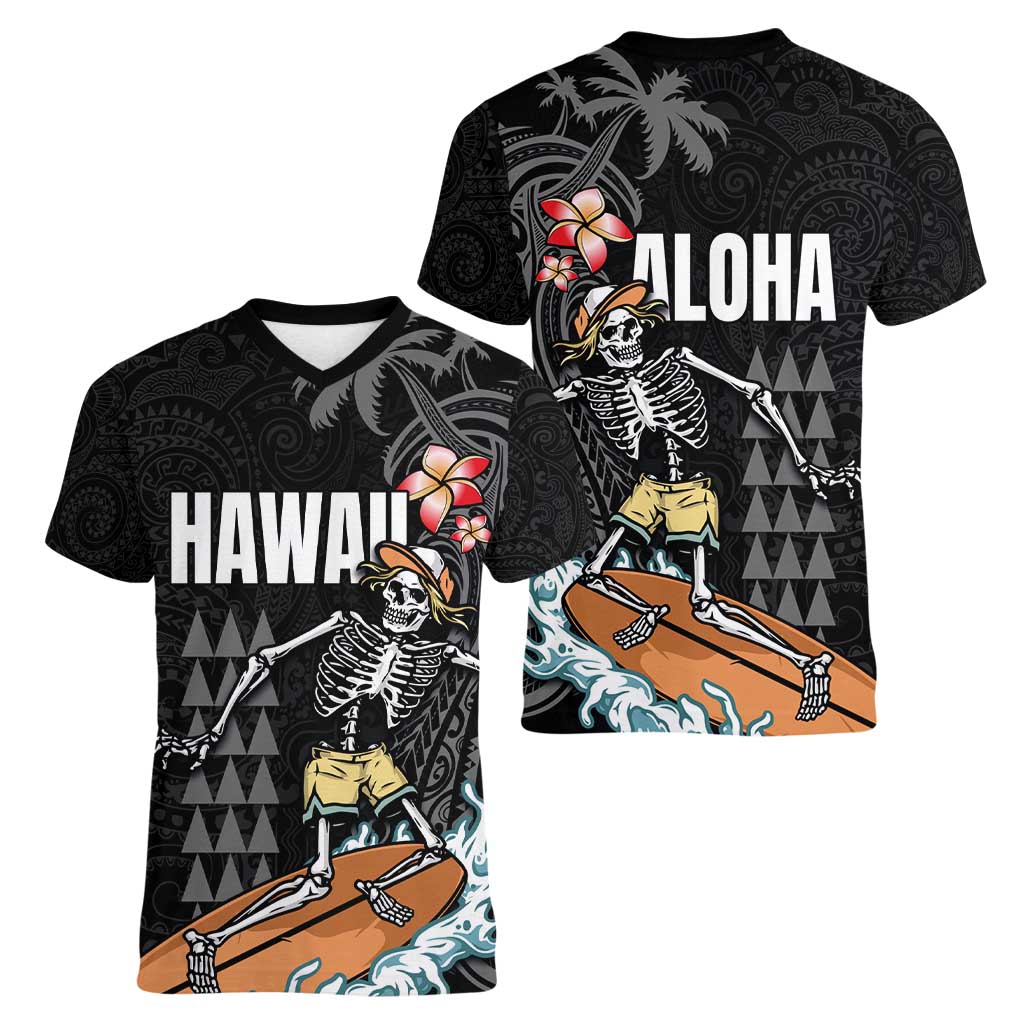 Hawaiian Halloween Skeleton Surfing Women V-Neck T-Shirt Polynesian Tribal Tattoo and Hawaiian Pattern