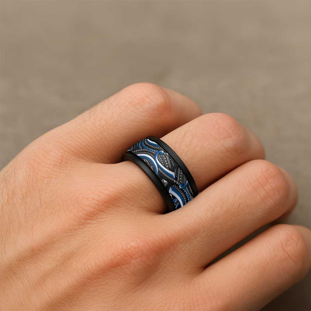 Traditional Samoan Tattoo Art Blue Color Spinner Ring - Polynesian Pride