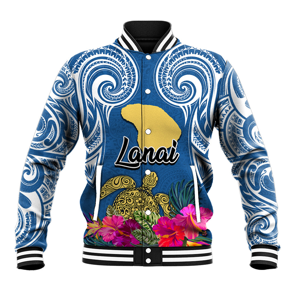 Hawaii Lanai Island Baseball Jacket Hibiscus Turle and Map with Polynesian Spiral LT03 Unisex Blue - Polynesian Pride