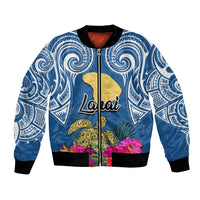 Hawaii Lanai Island Bomber Jacket Hibiscus Turle and Map with Polynesian Spiral LT03 Unisex Blue - Polynesian Pride