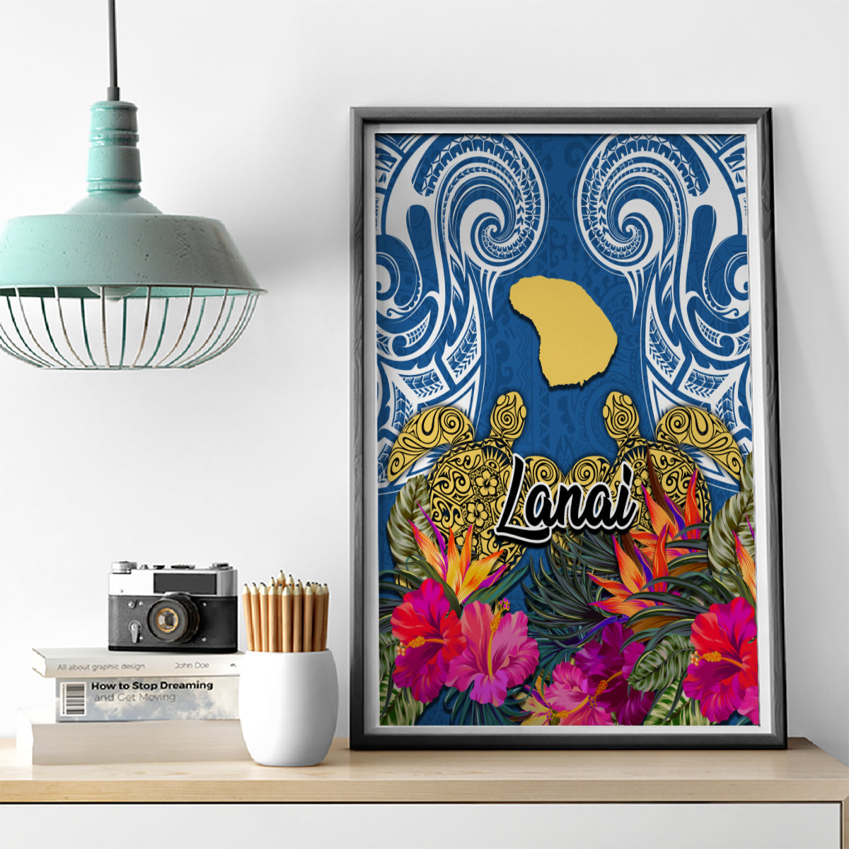 Hawaii Lanai Island Canvas Wall Art Hibiscus Turle and Map with Polynesian Spiral LT03 - Polynesian Pride