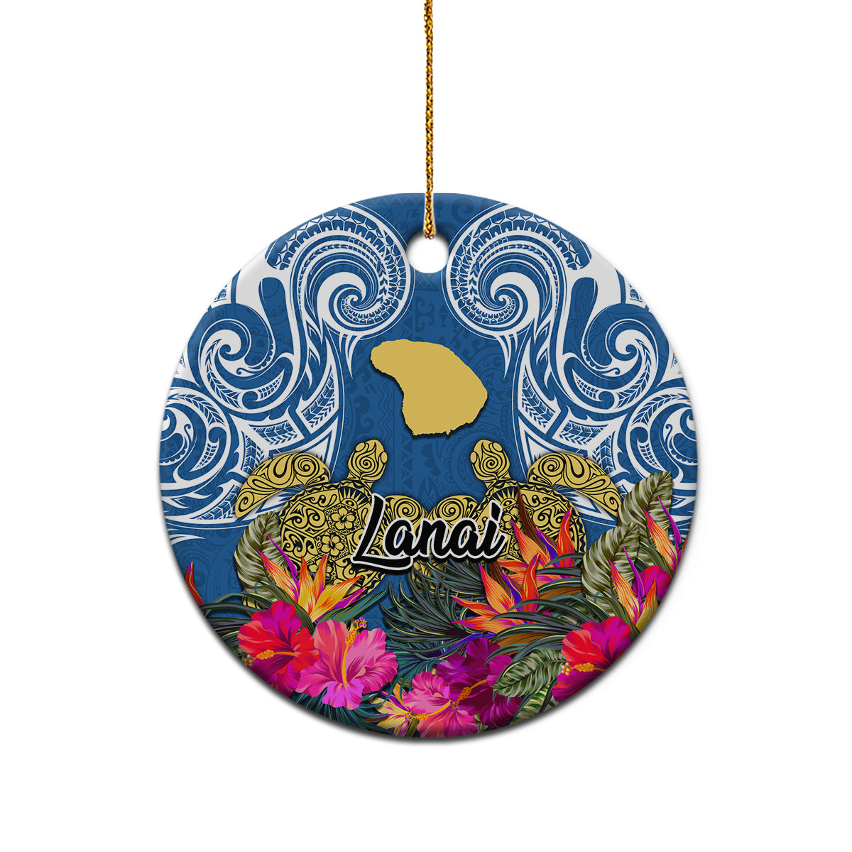 Hawaii Lanai Island Ceramic Ornament Hibiscus Turle and Map with Polynesian Spiral LT03 - Polynesian Pride