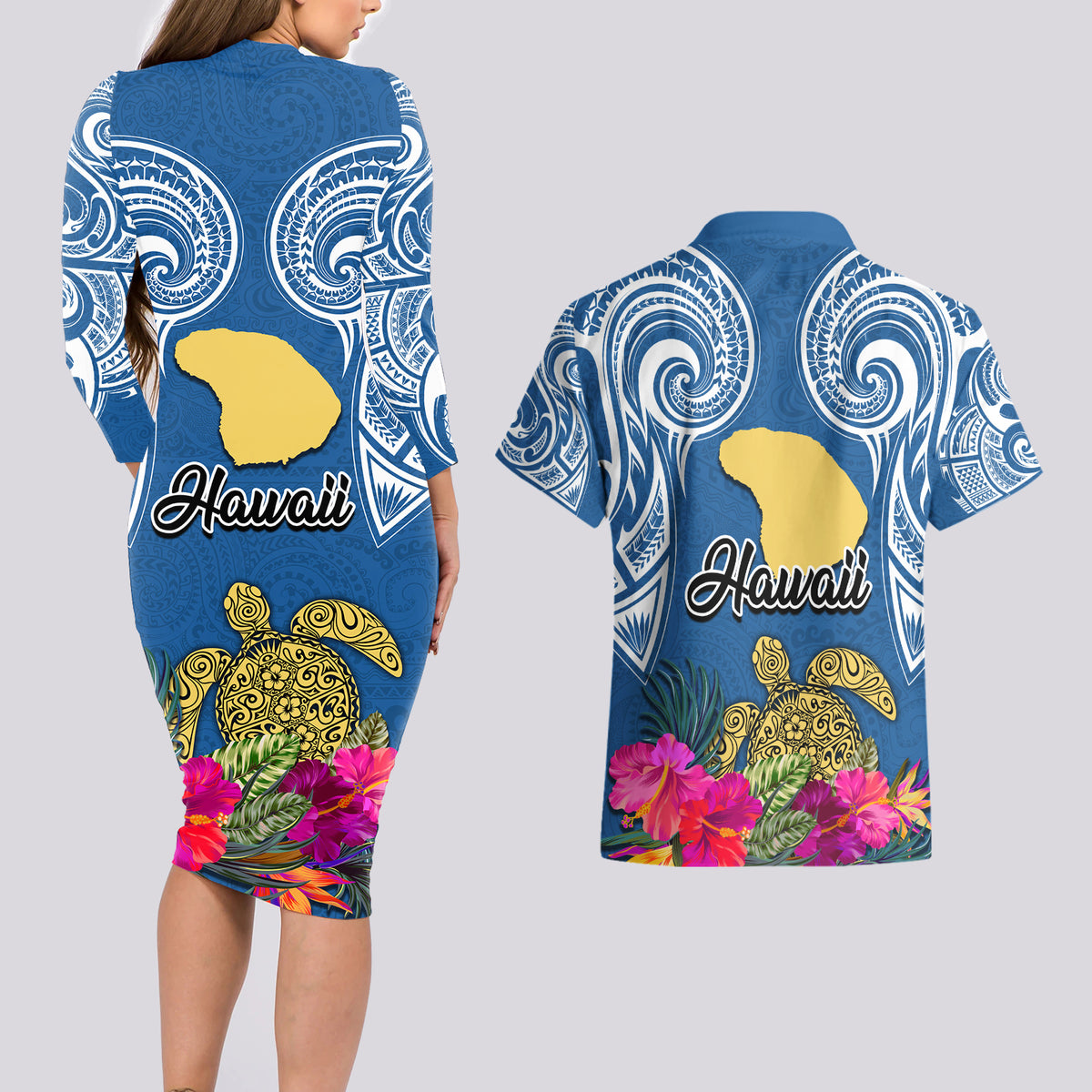 Hawaii Lanai Island Couples Matching Long Sleeve Bodycon Dress and Hawaiian Shirt Hibiscus Turle and Map with Polynesian Spiral LT03 - Polynesian Pride