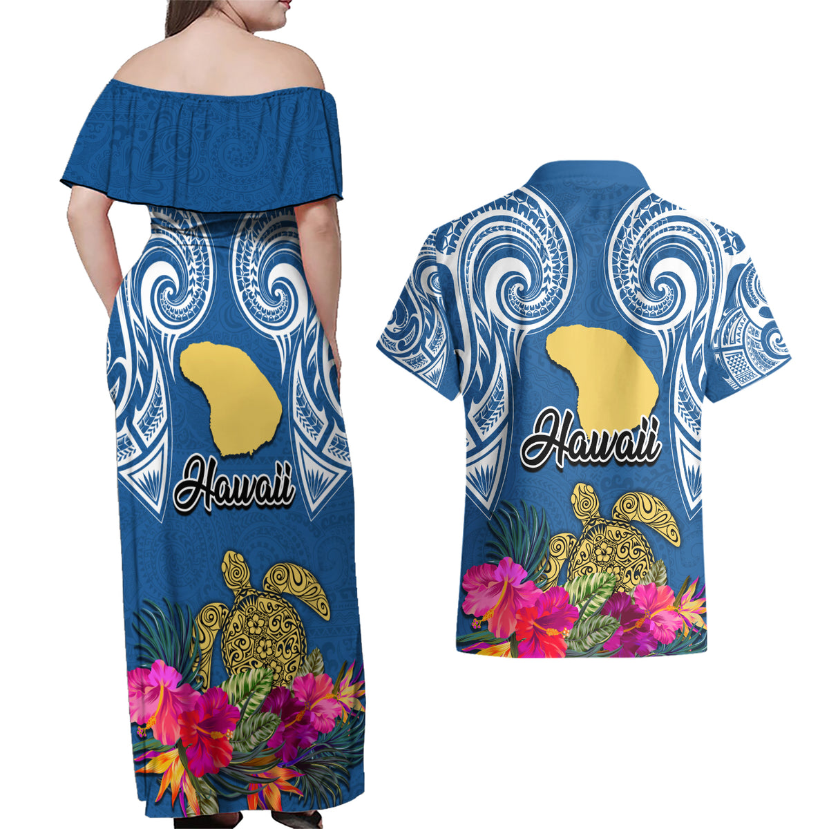 Hawaii Lanai Island Couples Matching Off Shoulder Maxi Dress and Hawaiian Shirt Hibiscus Turle and Map with Polynesian Spiral LT03 - Polynesian Pride