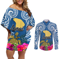 Hawaii Lanai Island Couples Matching Off Shoulder Short Dress and Long Sleeve Button Shirts Hibiscus Turle and Map with Polynesian Spiral LT03 Blue - Polynesian Pride