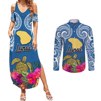 Hawaii Lanai Island Couples Matching Summer Maxi Dress and Long Sleeve Button Shirts Hibiscus Turle and Map with Polynesian Spiral LT03 Blue - Polynesian Pride
