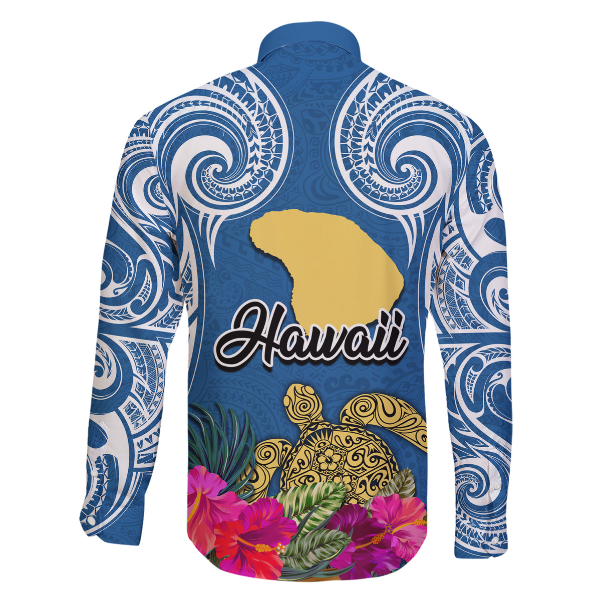 Hawaii Lanai Island Family Matching Off Shoulder Long Sleeve Dress and Hawaiian Shirt Hibiscus Turle and Map with Polynesian Spiral LT03 - Polynesian Pride