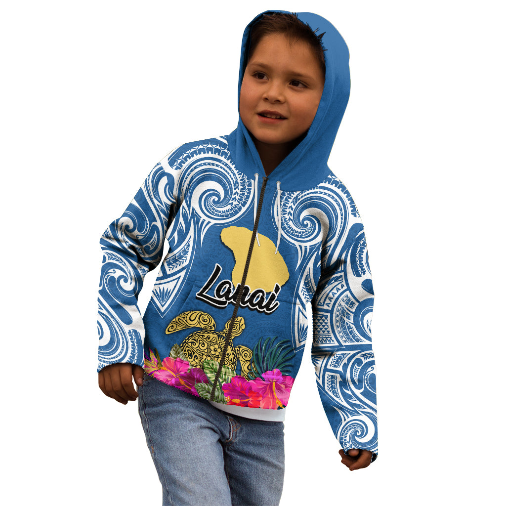 Hawaii Lanai Island Kid Hoodie Hibiscus Turle and Map with Polynesian Spiral LT03 - Polynesian Pride