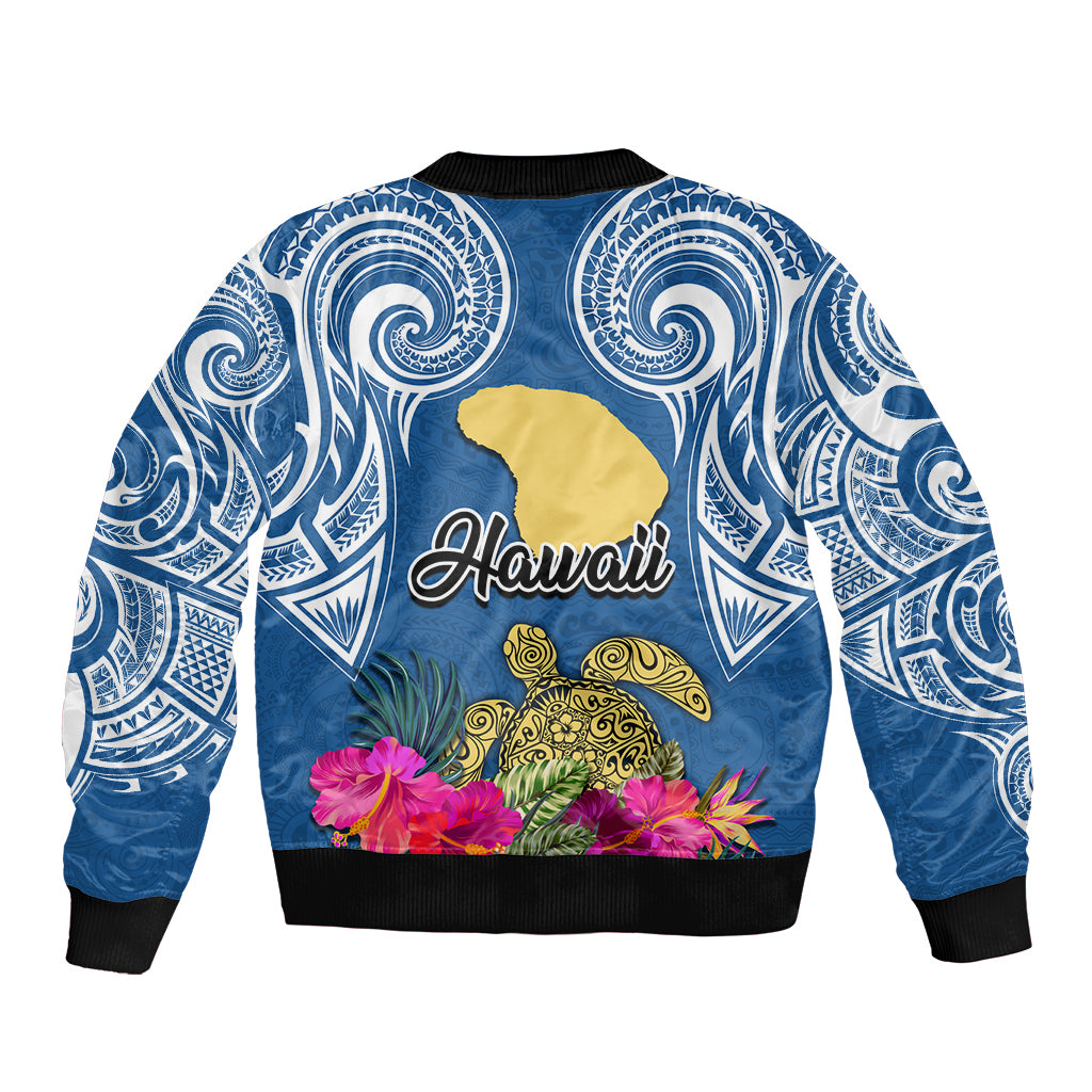 Hawaii Lanai Island Sleeve Zip Bomber Jacket Hibiscus Turle and Map with Polynesian Spiral LT03 - Polynesian Pride