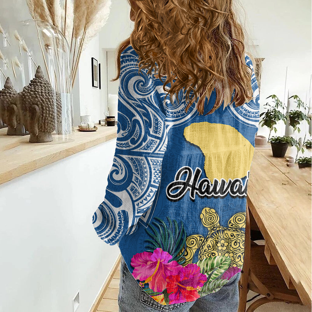 Hawaii Lanai Island Women Casual Shirt Hibiscus Turle and Map with Polynesian Spiral LT03 - Polynesian Pride