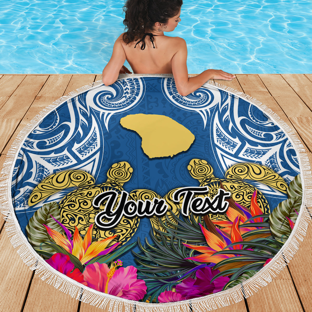 Custom Hawaii Lanai Island Beach Blanket Hibiscus Turle and Map with Polynesian Spiral LT03 - Wonder Print Shop