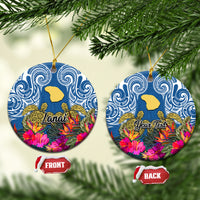 Custom Hawaii Lanai Island Ceramic Ornament Hibiscus Turle and Map with Polynesian Spiral LT03 Blue - Polynesian Pride