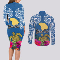 Custom Hawaii Lanai Island Couples Matching Long Sleeve Bodycon Dress and Long Sleeve Button Shirts Hibiscus Turle and Map with Polynesian Spiral LT03 - Polynesian Pride
