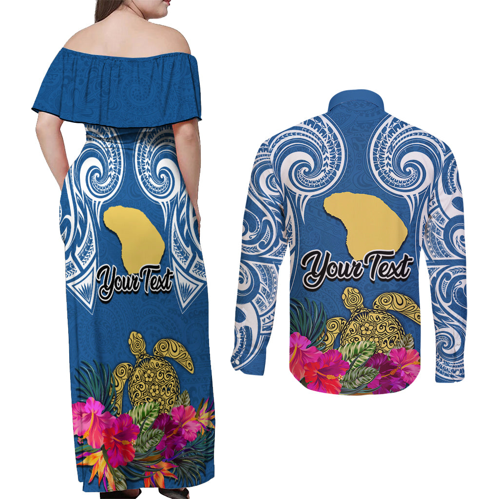 Custom Hawaii Lanai Island Couples Matching Off Shoulder Maxi Dress and Long Sleeve Button Shirts Hibiscus Turle and Map with Polynesian Spiral LT03 - Polynesian Pride