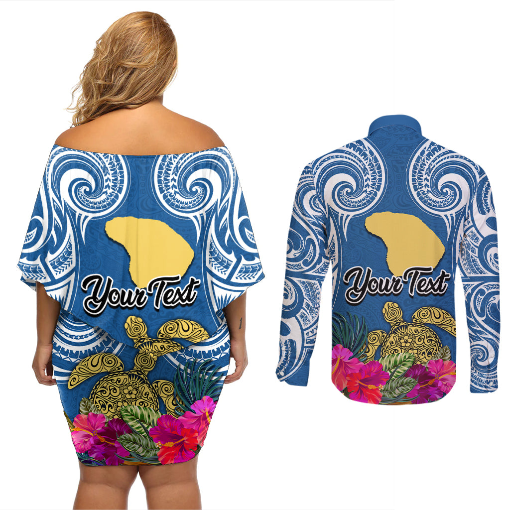 Custom Hawaii Lanai Island Couples Matching Off Shoulder Short Dress and Long Sleeve Button Shirts Hibiscus Turle and Map with Polynesian Spiral LT03 - Polynesian Pride
