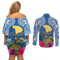 Custom Hawaii Lanai Island Couples Matching Off Shoulder Short Dress and Long Sleeve Button Shirts Hibiscus Turle and Map with Polynesian Spiral LT03 - Polynesian Pride