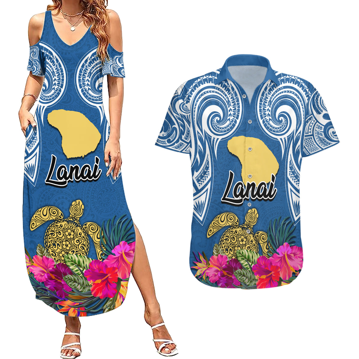 Custom Hawaii Lanai Island Couples Matching Summer Maxi Dress and Hawaiian Shirt Hibiscus Turle and Map with Polynesian Spiral LT03 Blue - Polynesian Pride