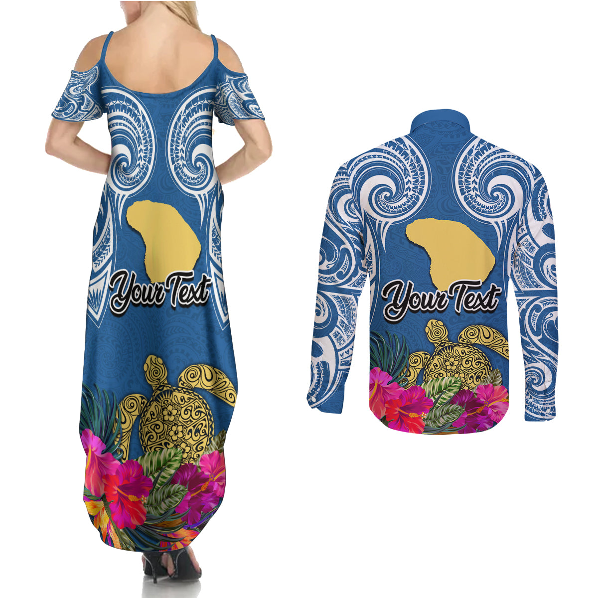 Custom Hawaii Lanai Island Couples Matching Summer Maxi Dress and Long Sleeve Button Shirts Hibiscus Turle and Map with Polynesian Spiral LT03 - Polynesian Pride
