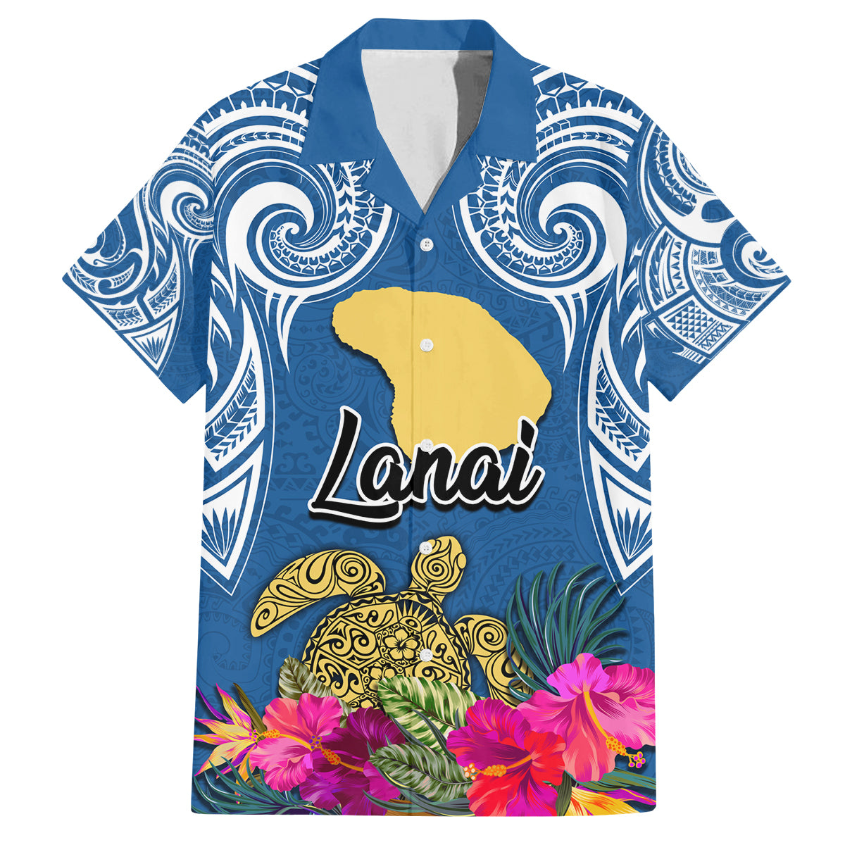 Custom Hawaii Lanai Island Family Matching Long Sleeve Bodycon Dress and Hawaiian Shirt Hibiscus Turle and Map with Polynesian Spiral LT03 Dad's Shirt - Short Sleeve Blue - Polynesian Pride