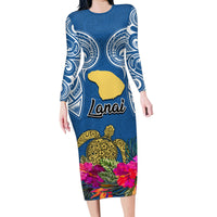 Custom Hawaii Lanai Island Family Matching Long Sleeve Bodycon Dress and Hawaiian Shirt Hibiscus Turle and Map with Polynesian Spiral LT03 Mom's Dress Blue - Polynesian Pride