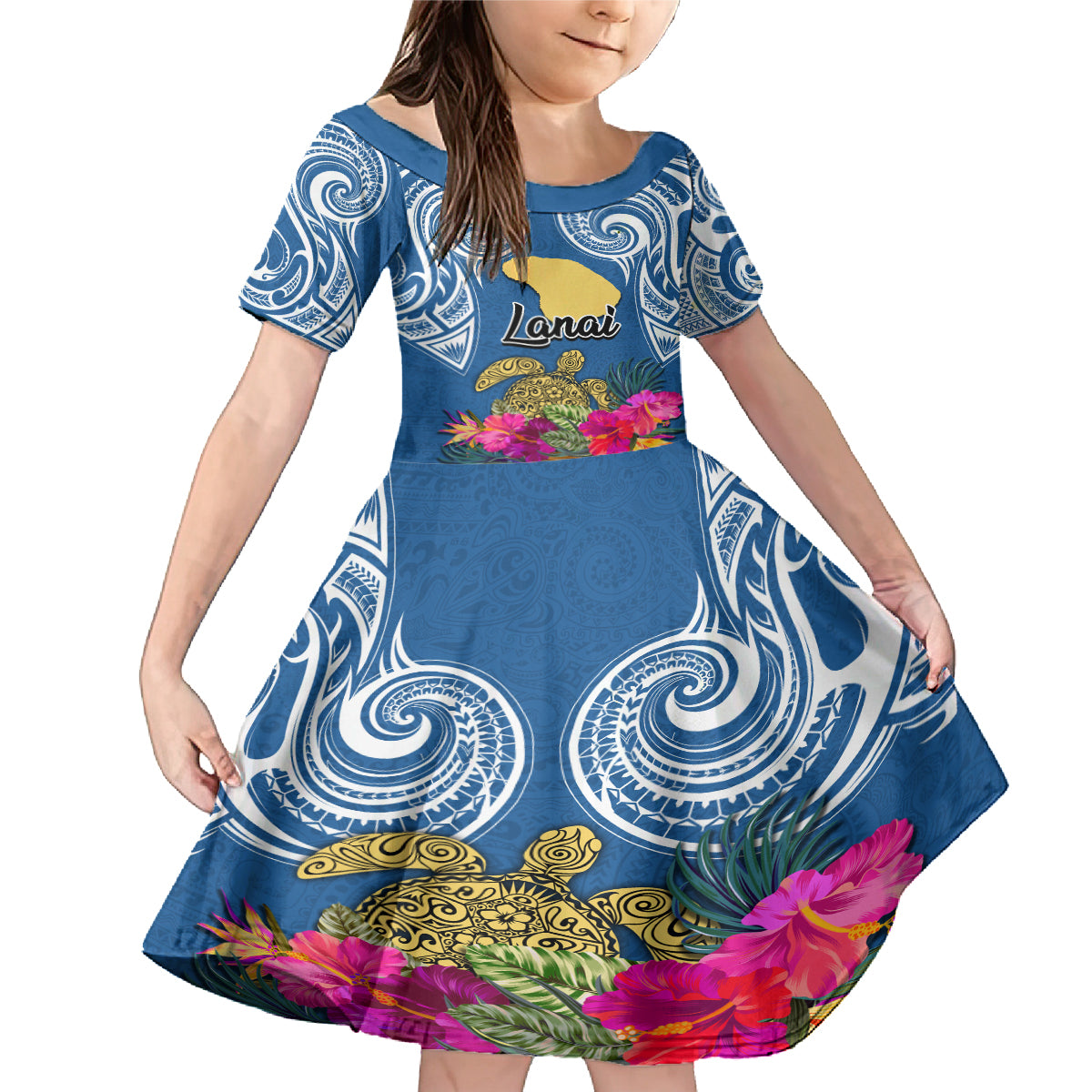 Custom Hawaii Lanai Island Family Matching Mermaid Dress and Hawaiian Shirt Hibiscus Turle and Map with Polynesian Spiral LT03 Daughter's Dress Blue - Polynesian Pride