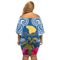 Custom Hawaii Lanai Island Family Matching Off Shoulder Short Dress and Hawaiian Shirt Hibiscus Turle and Map with Polynesian Spiral LT03 - Polynesian Pride