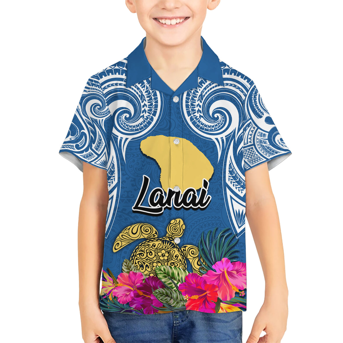 Custom Hawaii Lanai Island Kid Hawaiian Shirt Hibiscus Turle and Map with Polynesian Spiral LT03 Kid Blue - Polynesian Pride