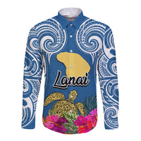 Custom Hawaii Lanai Island Long Sleeve Button Shirt Hibiscus Turle and Map with Polynesian Spiral LT03 Unisex Blue - Polynesian Pride