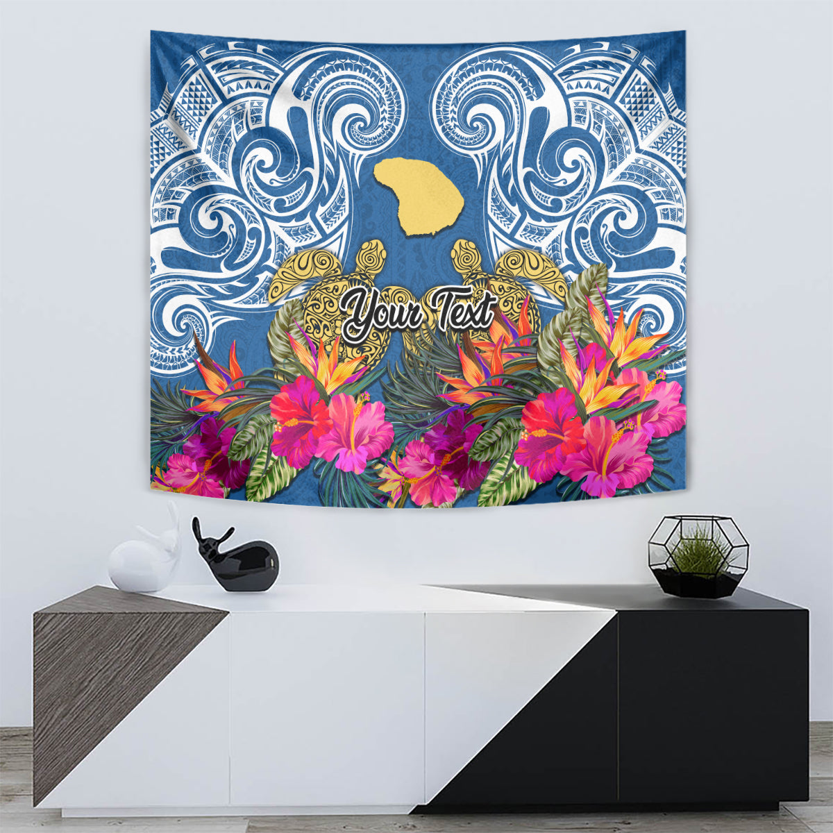 Custom Hawaii Lanai Island Tapestry Hibiscus Turle and Map with Polynesian Spiral LT03 - Polynesian Pride
