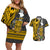 Hawaii Lanai Island Couples Matching Off Shoulder Short Dress and Hawaiian Shirt Hawaiian Warrior and Kakau Symbols Abstract Tattoo LT03 Yellow - Polynesian Pride