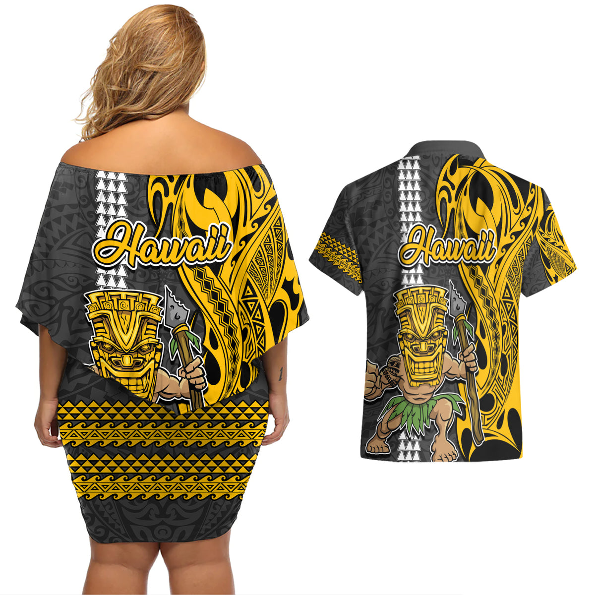 Hawaii Lanai Island Couples Matching Off Shoulder Short Dress and Hawaiian Shirt Hawaiian Warrior and Kakau Symbols Abstract Tattoo LT03 - Polynesian Pride