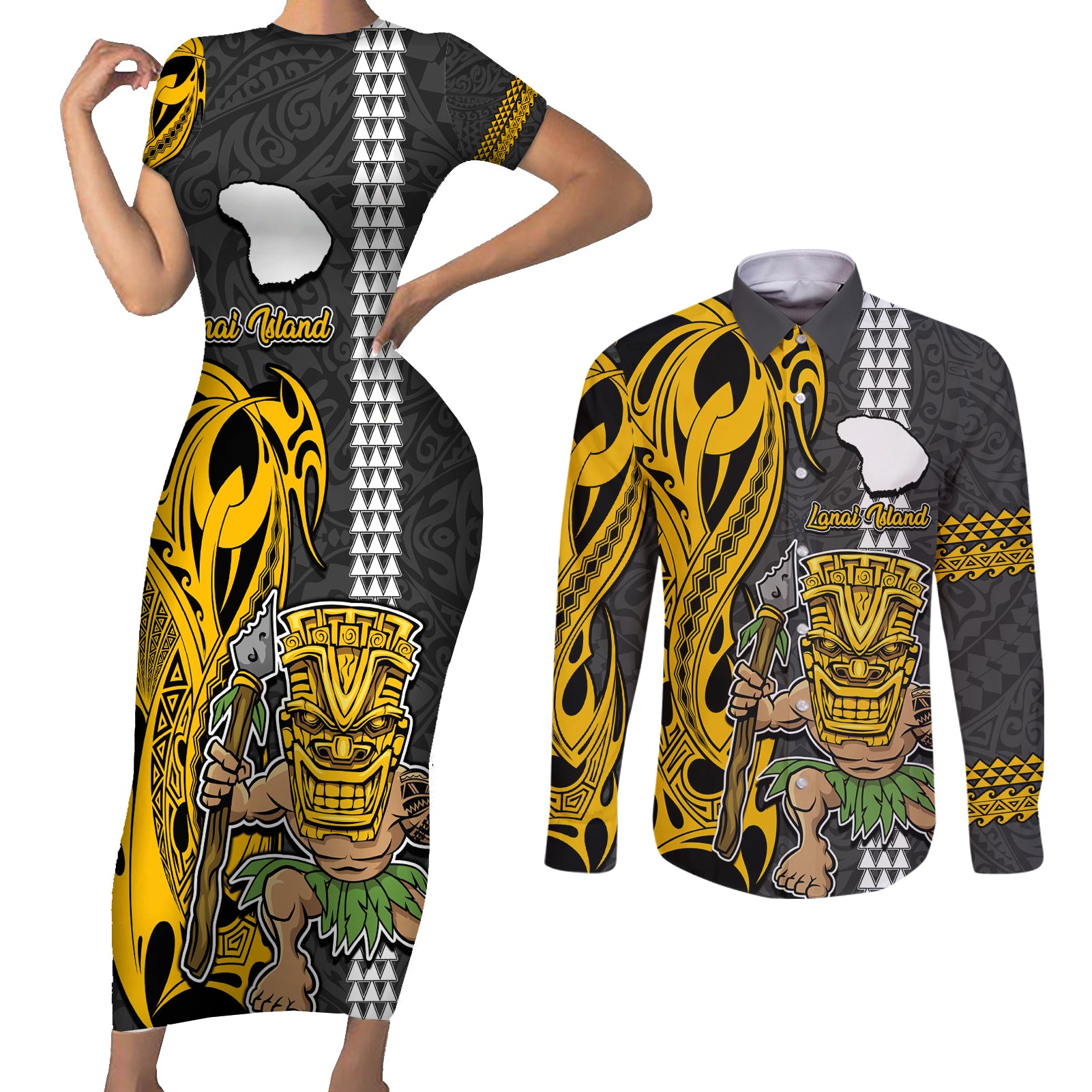 Hawaii Lanai Island Couples Matching Short Sleeve Bodycon Dress and Long Sleeve Button Shirts Hawaiian Warrior and Kakau Symbols Abstract Tattoo LT03 Yellow - Polynesian Pride