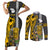 Hawaii Lanai Island Couples Matching Short Sleeve Bodycon Dress and Long Sleeve Button Shirts Hawaiian Warrior and Kakau Symbols Abstract Tattoo LT03 Yellow - Polynesian Pride