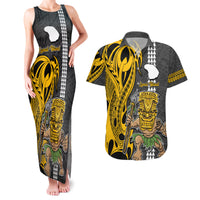 Hawaii Lanai Island Couples Matching Tank Maxi Dress and Hawaiian Shirt Hawaiian Warrior and Kakau Symbols Abstract Tattoo LT03 Yellow - Polynesian Pride