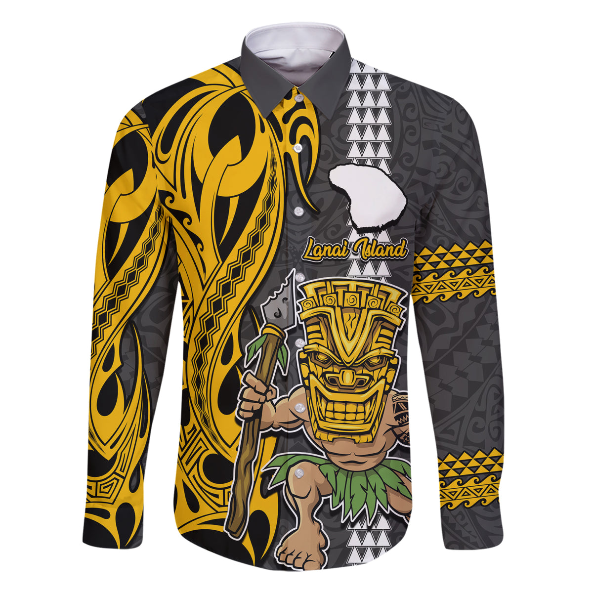 Hawaii Lanai Island Family Matching Short Sleeve Bodycon Dress and Hawaiian Shirt Hawaiian Warrior and Kakau Symbols Abstract Tattoo LT03 Dad's Shirt - Long Sleeve Yellow - Polynesian Pride