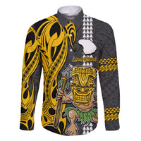 Hawaii Lanai Island Family Matching Short Sleeve Bodycon Dress and Hawaiian Shirt Hawaiian Warrior and Kakau Symbols Abstract Tattoo LT03 Dad's Shirt - Long Sleeve Yellow - Polynesian Pride