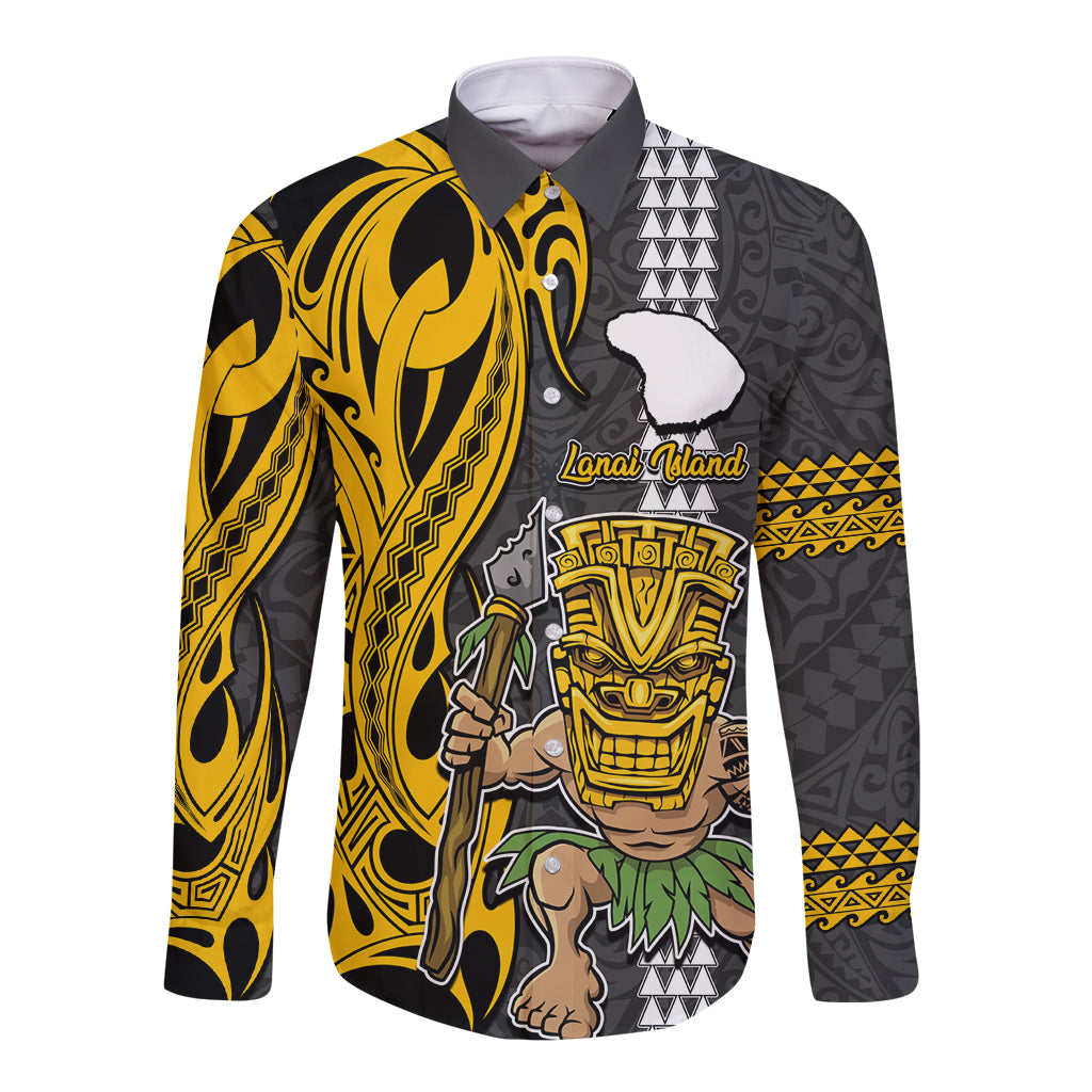 Hawaii Lanai Island Long Sleeve Button Shirt Hawaiian Warrior and Kakau Symbols Abstract Tattoo LT03 Unisex Yellow - Polynesian Pride