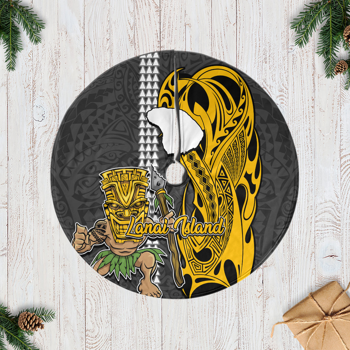 Hawaii Lanai Island Tree Skirt Hawaiian Warrior and Kakau Symbols Abstract Tattoo LT03 Yellow - Polynesian Pride