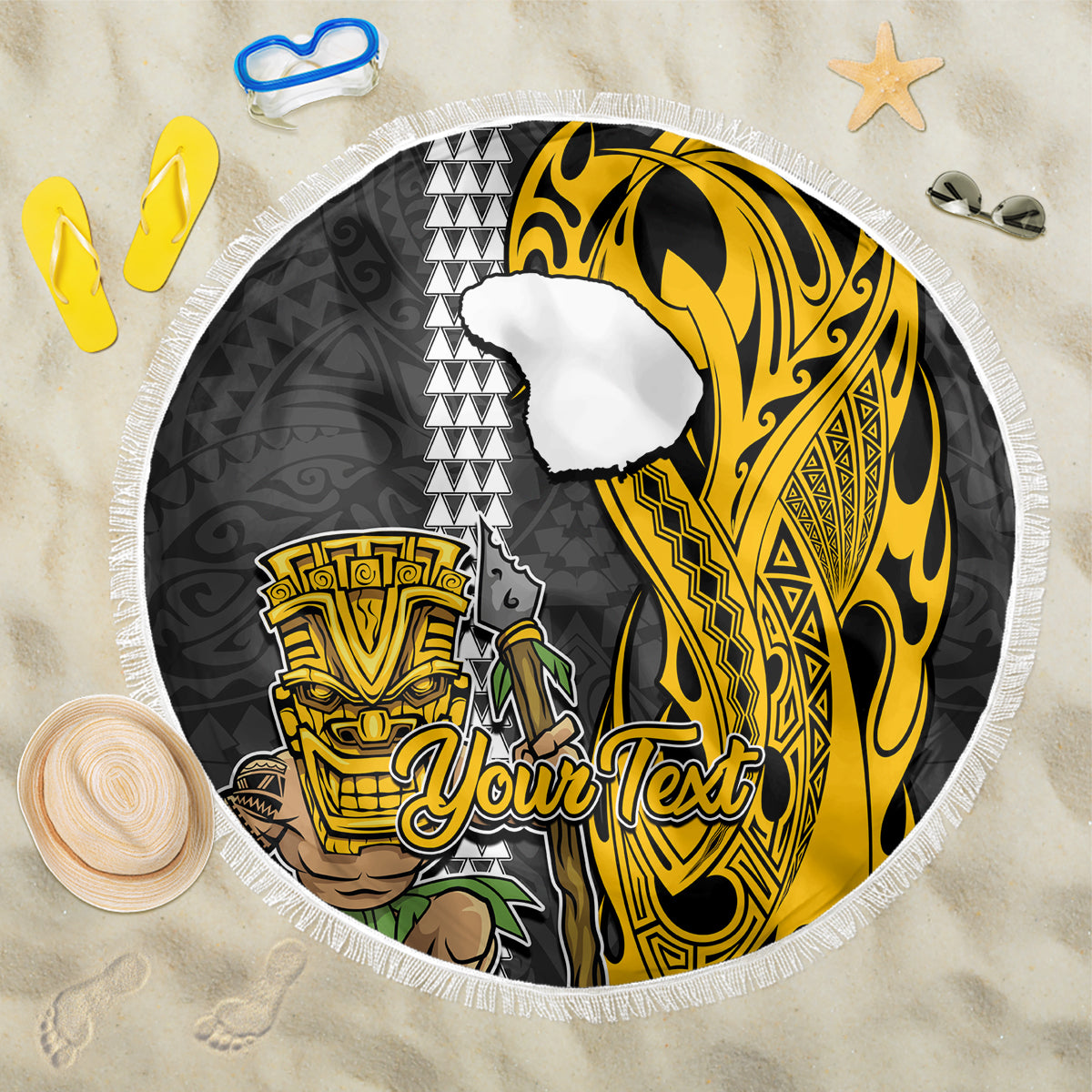 Custom Hawaii Lanai Island Beach Blanket Hawaiian Warrior and Kakau Symbols Abstract Tattoo LT03 One Size 150cm Yellow - Wonder Print Shop