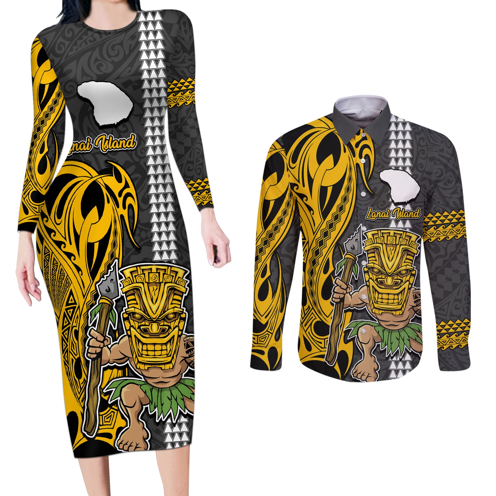 Custom Hawaii Lanai Island Couples Matching Long Sleeve Bodycon Dress and Long Sleeve Button Shirts Hawaiian Warrior and Kakau Symbols Abstract Tattoo LT03 Yellow - Polynesian Pride