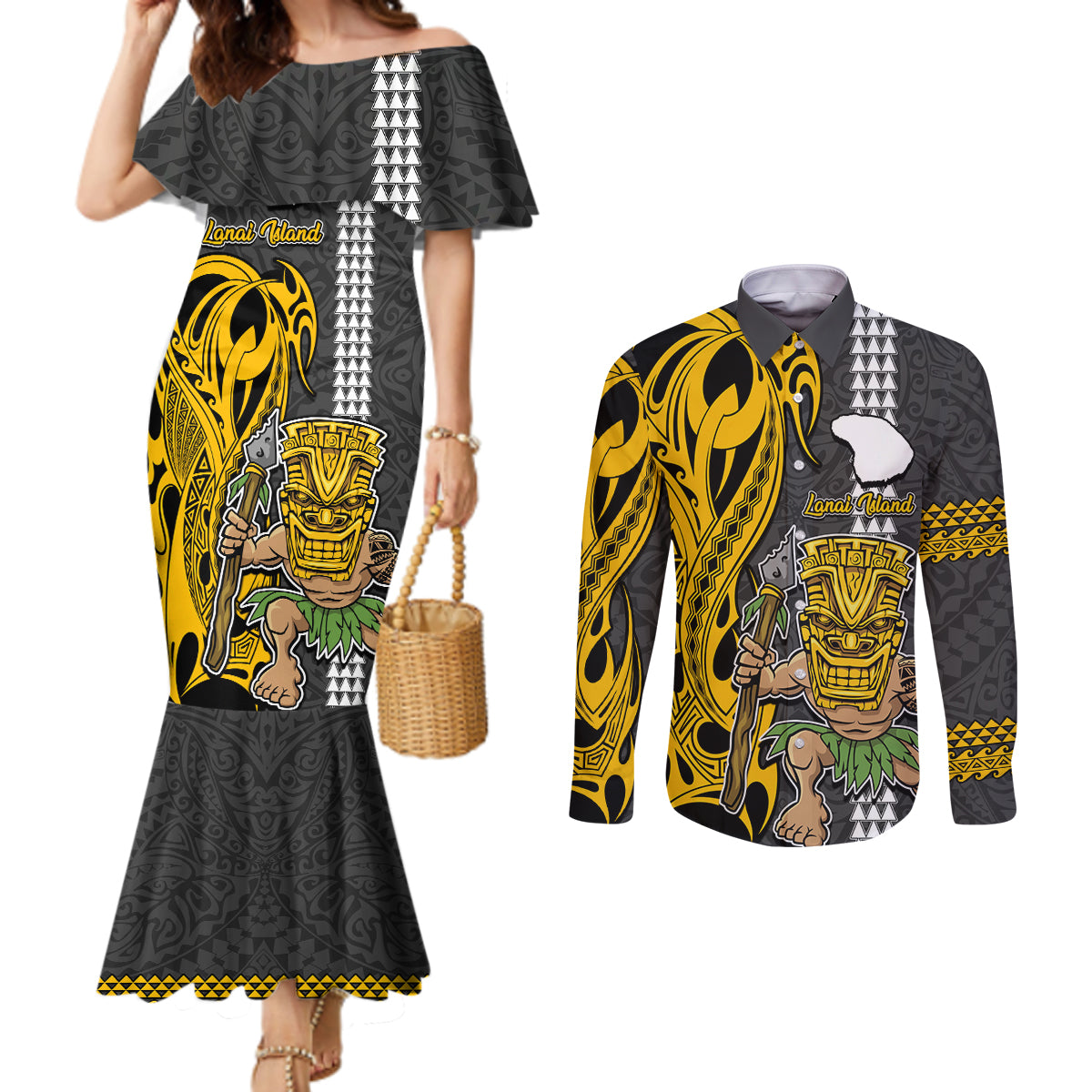 Custom Hawaii Lanai Island Couples Matching Mermaid Dress and Long Sleeve Button Shirts Hawaiian Warrior and Kakau Symbols Abstract Tattoo LT03 Yellow - Polynesian Pride