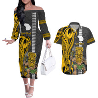 Custom Hawaii Lanai Island Couples Matching Off The Shoulder Long Sleeve Dress and Hawaiian Shirt Hawaiian Warrior and Kakau Symbols Abstract Tattoo LT03 Yellow - Polynesian Pride
